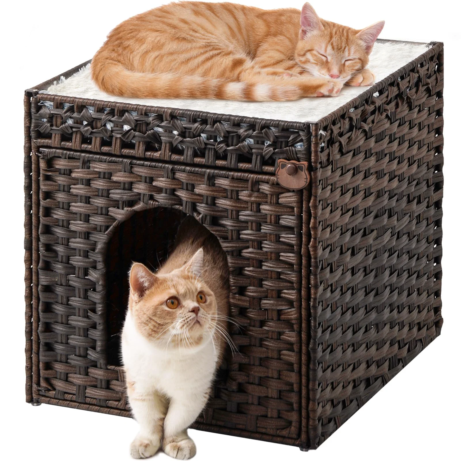 Elite SETON Extra Large Double Cat Cave Bed Handwoven Rattan Cat House with Cushions Brown Optimized