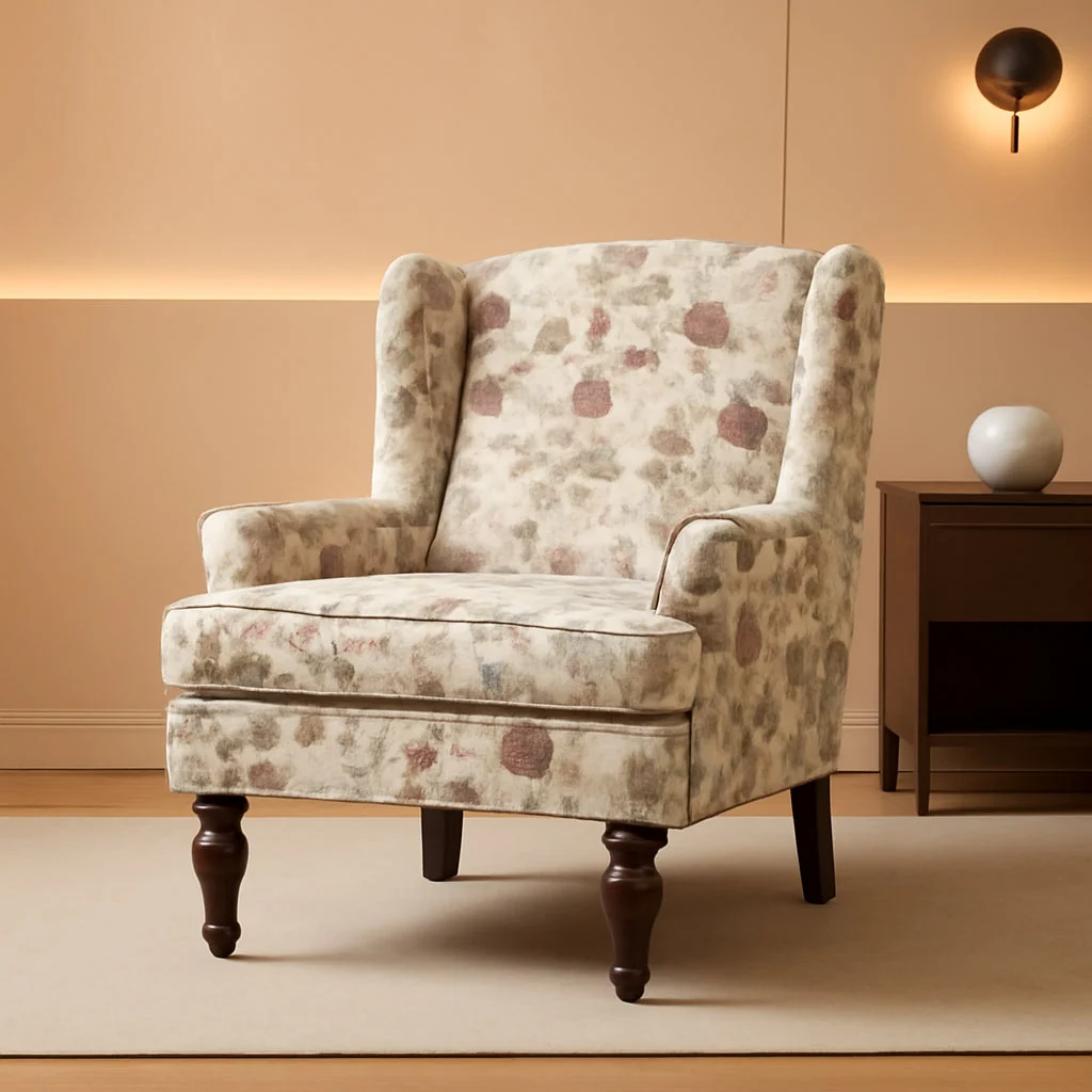 Sustainable Red Floral Wingback Accent Chair Linen Upholstered Traditional
