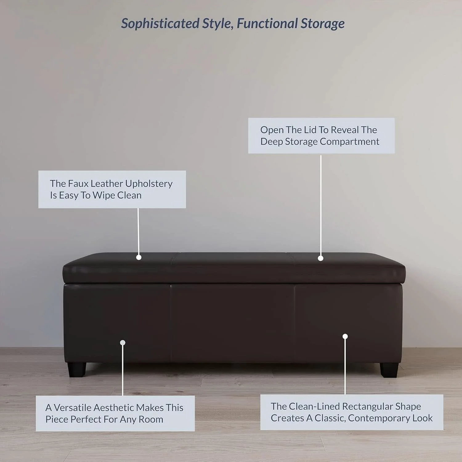 High-End 47 Inch DarkBrown Leatherette Storage Ottoman Bench Flexible