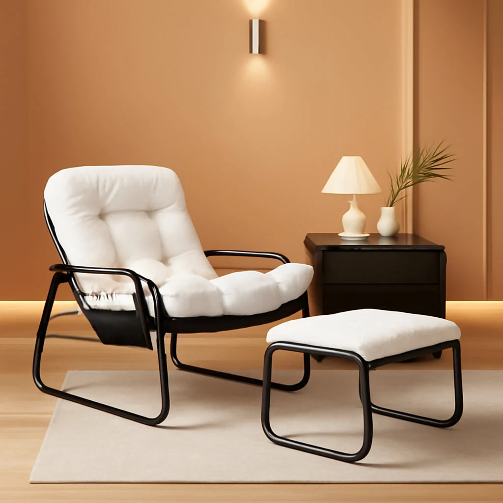 Original Beige Upholstered Lounge Chair With Ottoman Footrest Soft