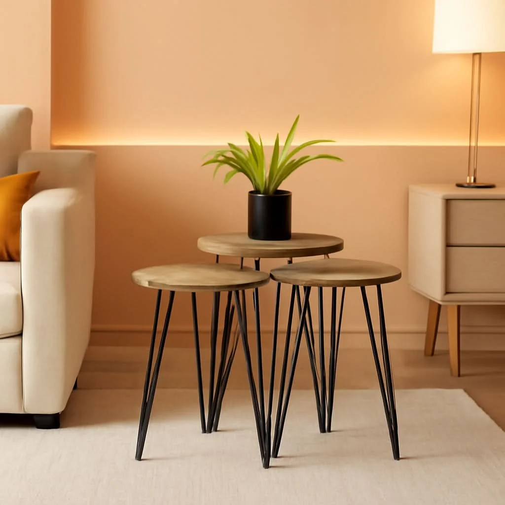 Stylish Grey Pine Wood Round Nesting End Tables Set Of 3 With Metal Frame Flexible