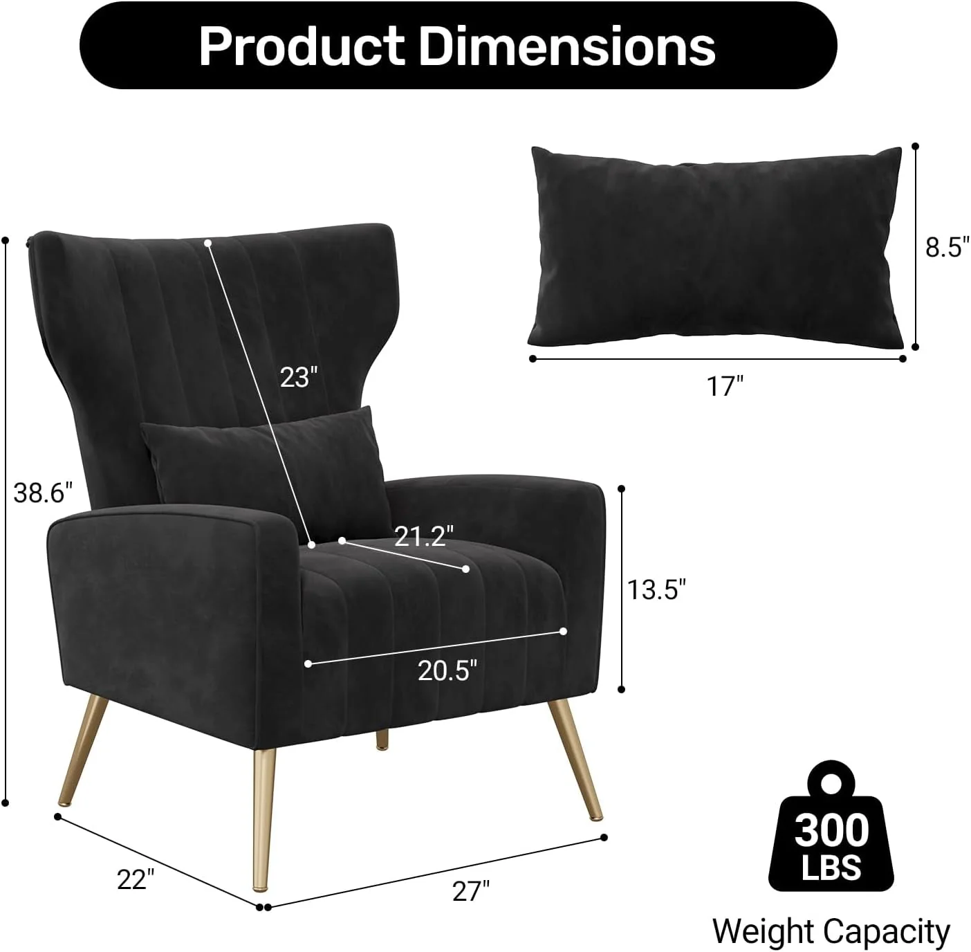 Organic Black Velvet Wingback Chair Upholstered With Pillow Modern