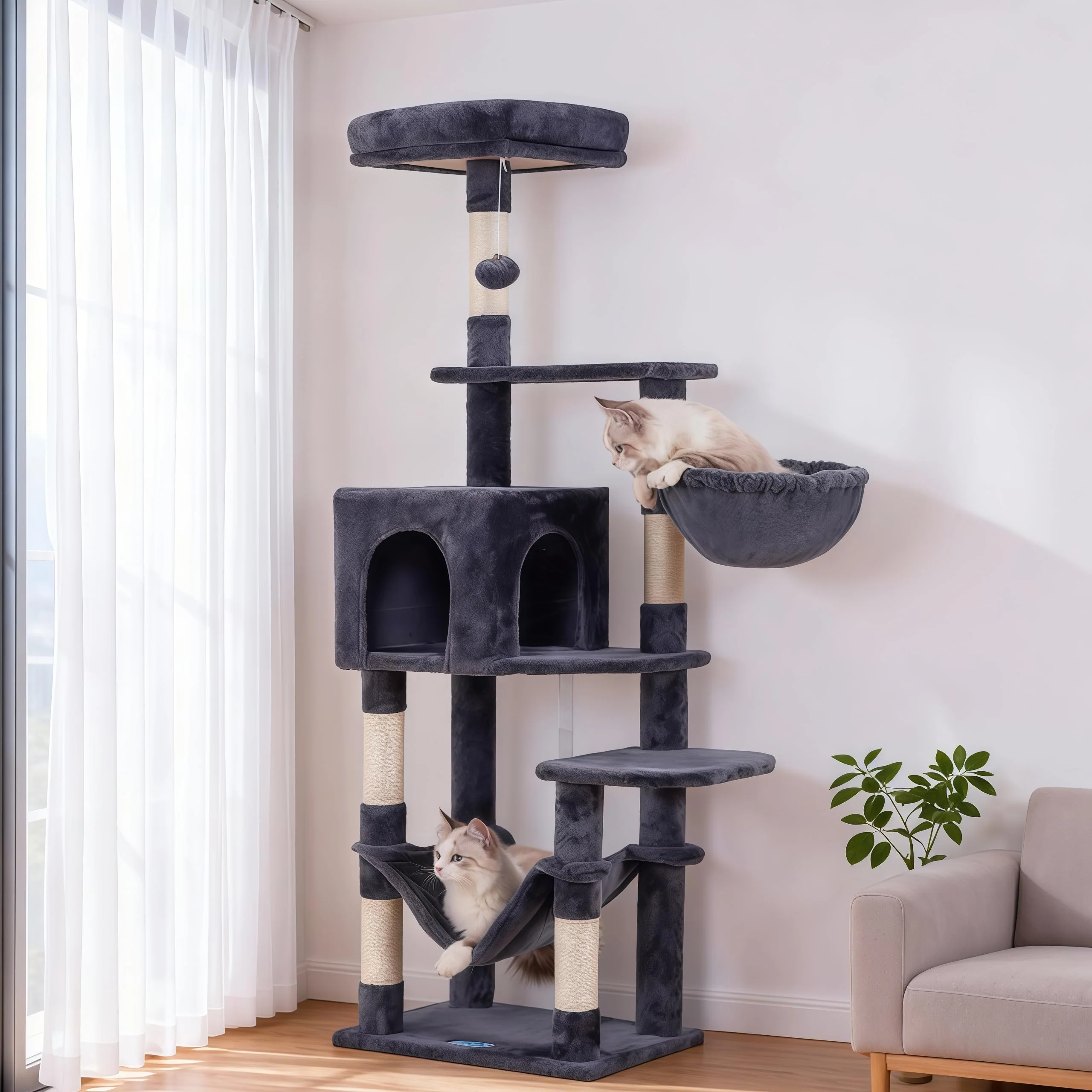 Solid Hey-brother Cat Tree with Large Hammock — Multi-Level Indoor Cat Tower Smoky Gray MPJ050G Practical