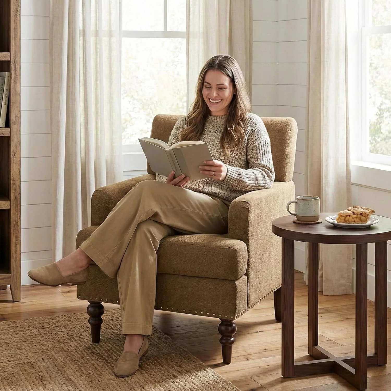 Reliable Brown Upholstered Accent Chair With Thick Cushions Reusable
