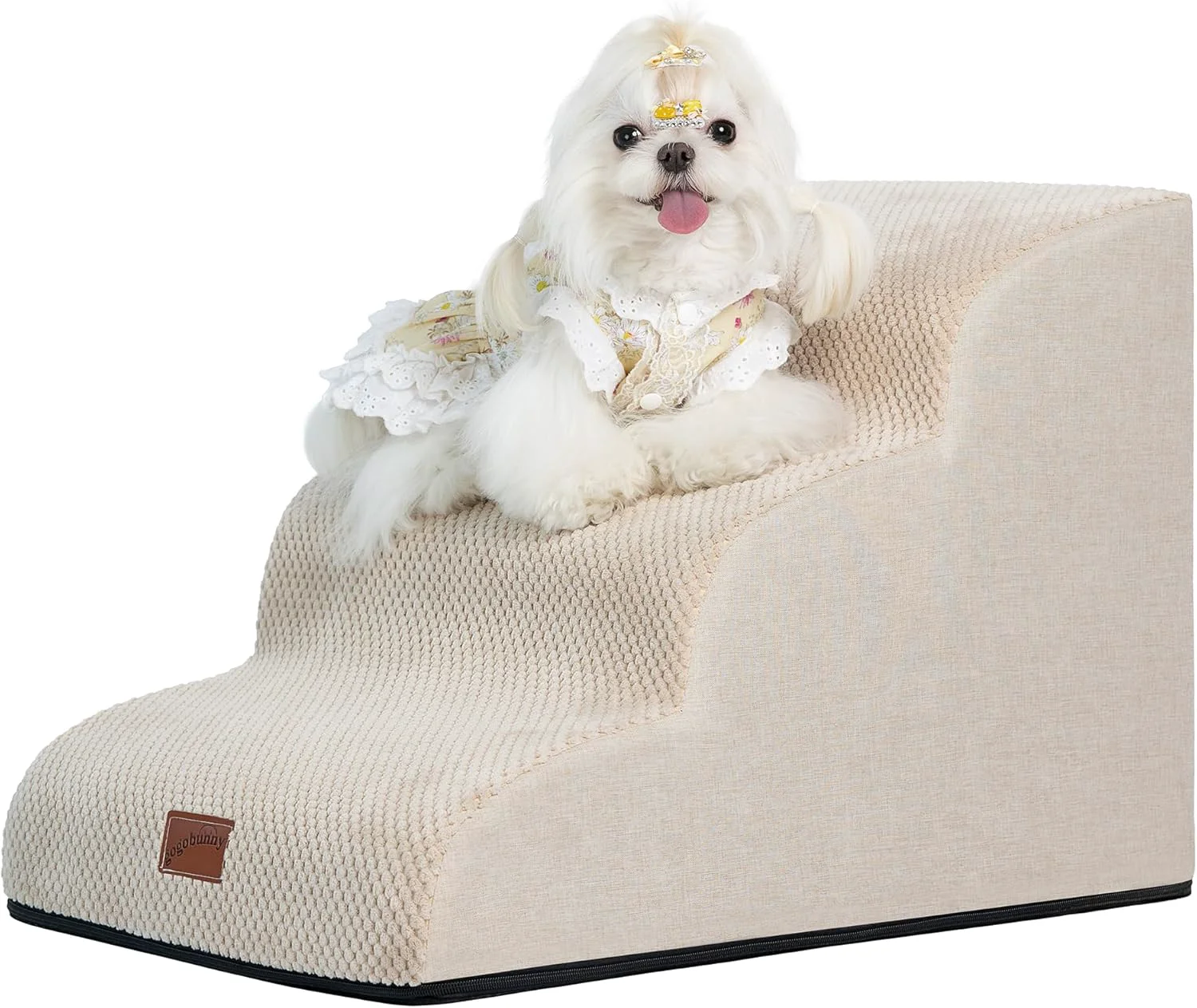 Authentic GoGoBunny Ramp Dog Stairs for Couch Sofa and Chair 15.7 H 3-Step Pet Steps for Small Dogs and Cats Non-Slip Waterproof Fabric Cover Stable and Balanced Indoor Step Pets Friendly Beige Comfortable