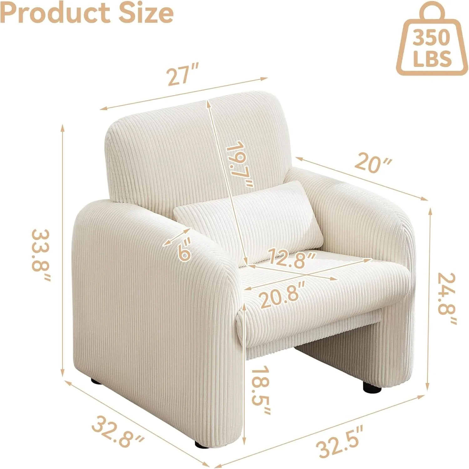 Quality Corduroy Upholstered Accent Chair White Lumbar Pillow First-Class