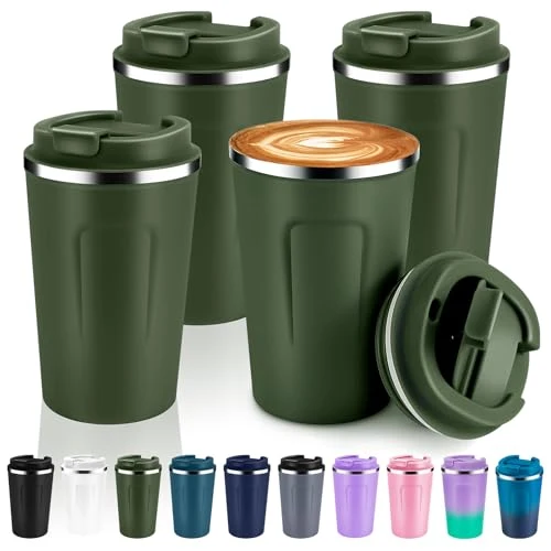 Organic 12 oz Double Wall Insulated Vacuum Travel Coffee Mug with Flip Lid Bulk 4 Pack 4 Count Classic