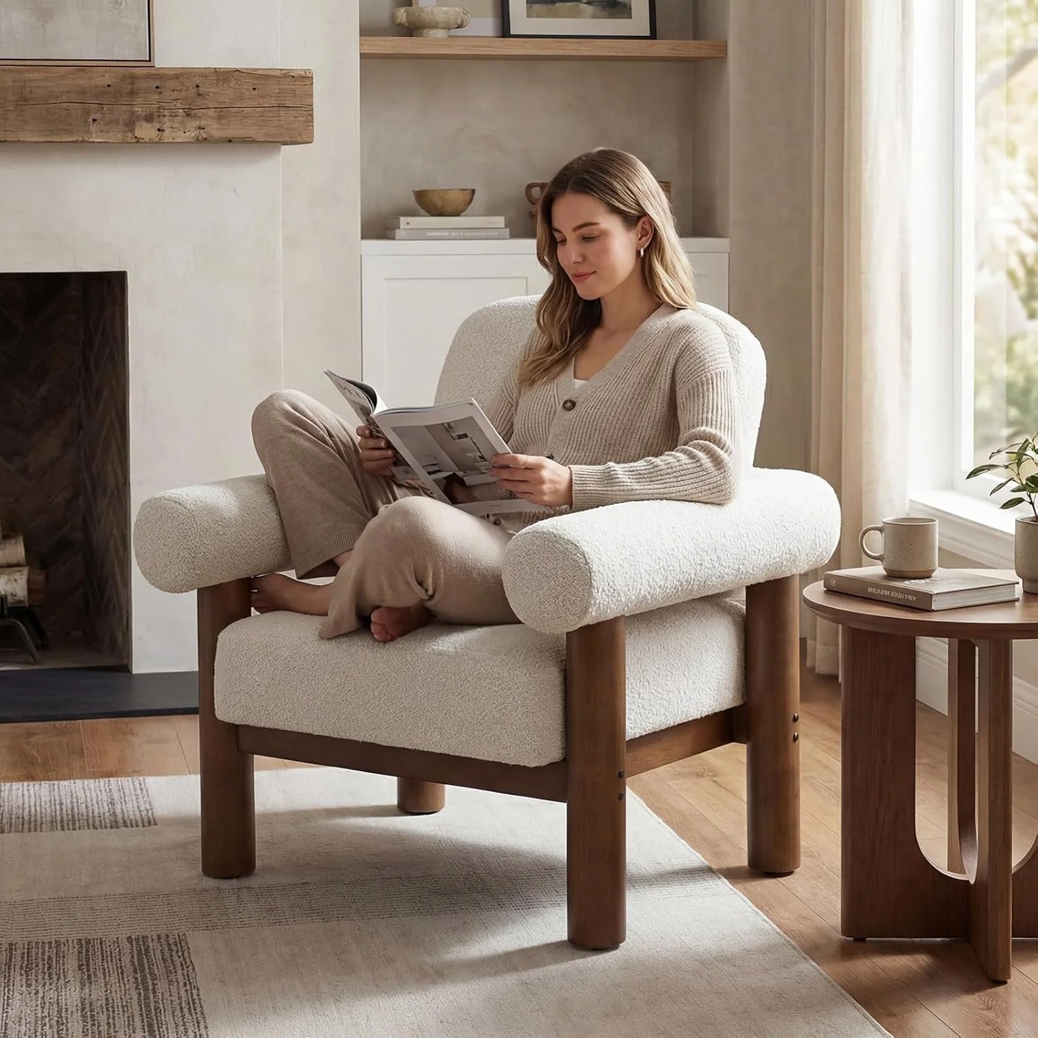 Consistent Beige Boucle Upholstered Barrel Chair With SolidWood Top-Quality