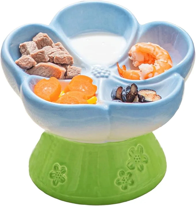 Classic Ceramic Cat Divided Bowl Flower Shaped 5 Sections – 4 Inch d Design Cute Slow Feeder Bowl Heavy Base Under-Glazed Gradient Color – Separates Dry Wet Food Veggies Fruits TreatsAbout ThisOverview Trusted