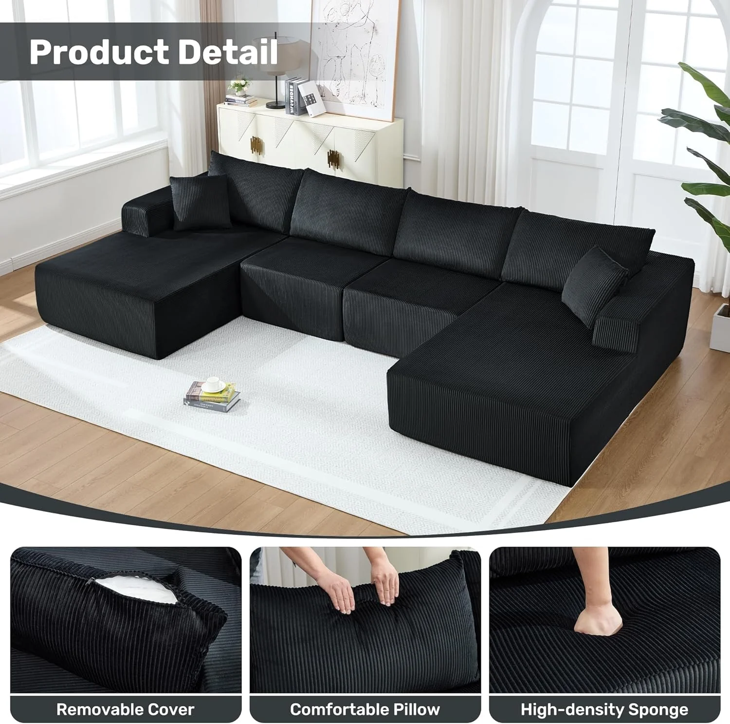 Powerful Corduroy Black UShaped 146Inch Modular Sectional Sofa Carefully Designed