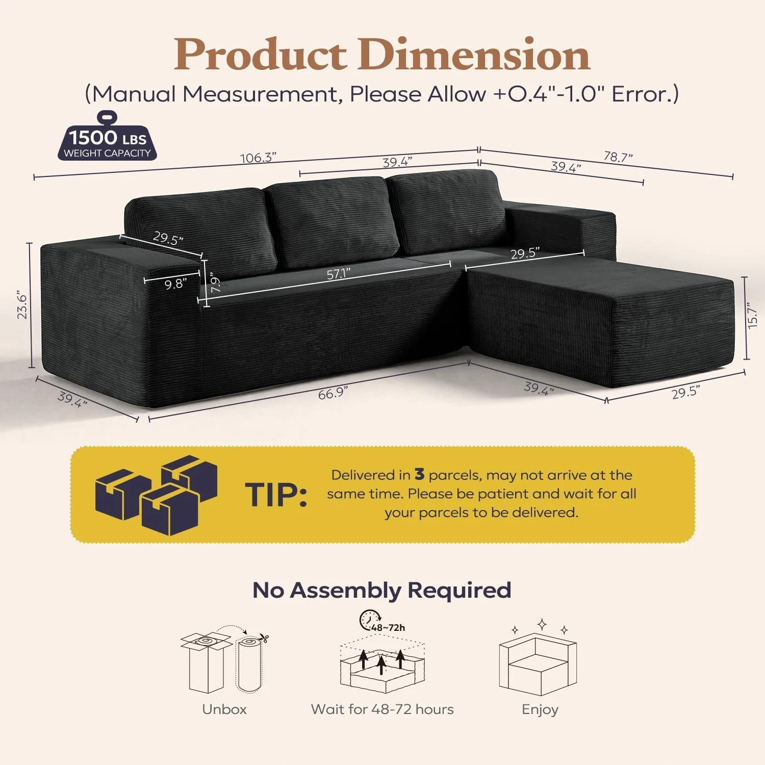 Long-Lasting 106Inch Black Convertible Corduroy Modular Sectional Sofa Soft