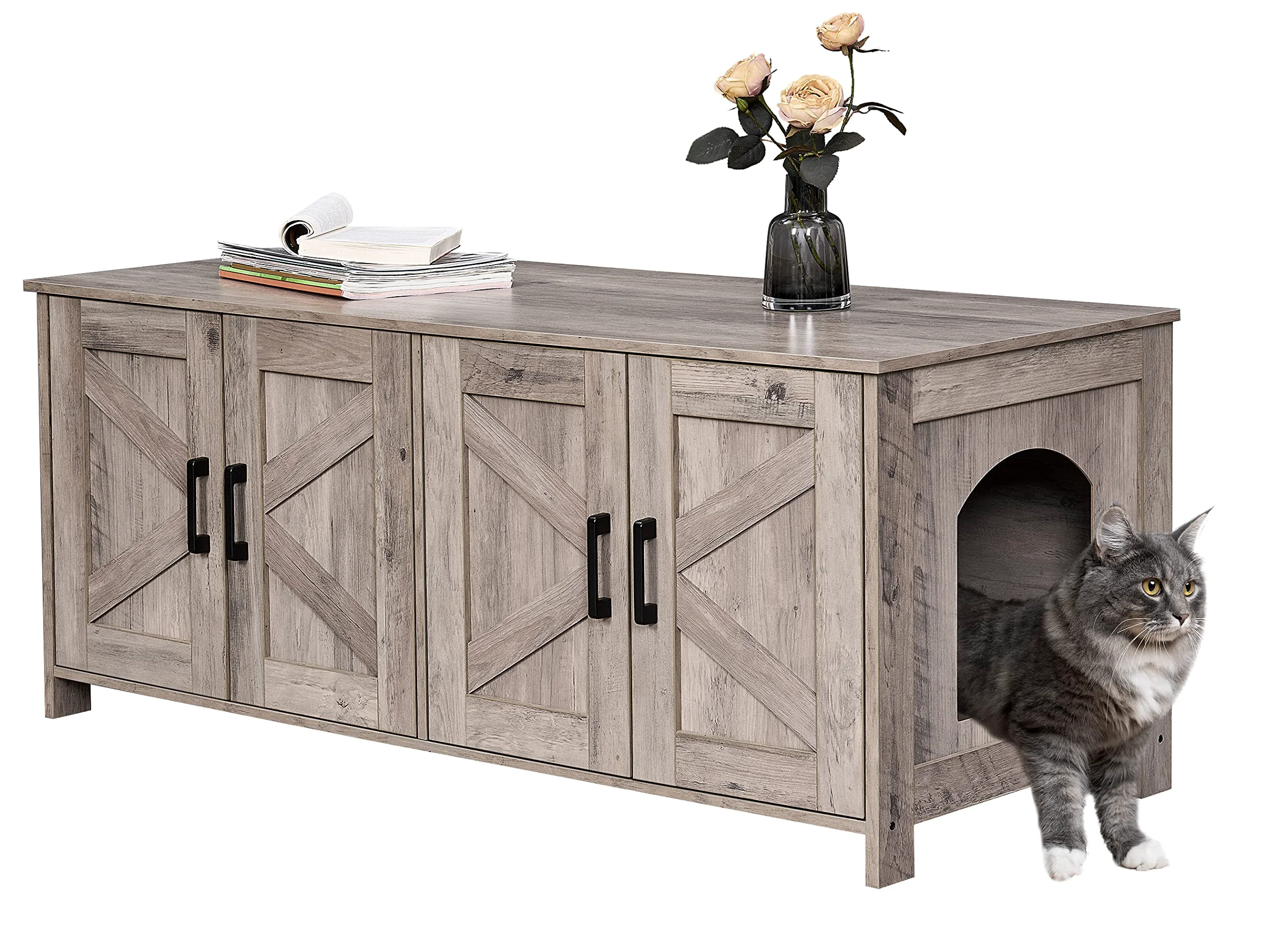 Easy-to-Use Homhedy Cat Litter Box Enclosure for 2 Cats — Hidden Wooden Furniture Greige Reliable