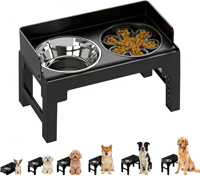 Superior PAKEWAY d Dog Bowls Spill Proof Tiltable Pet Feeder with 1 Slow Feeder Bowl 1 Stainless Steel Bowl 6 Height Adjustable Raised Dog Bowls Stand for Medium Large DogsAbout ThisOverview Responsible