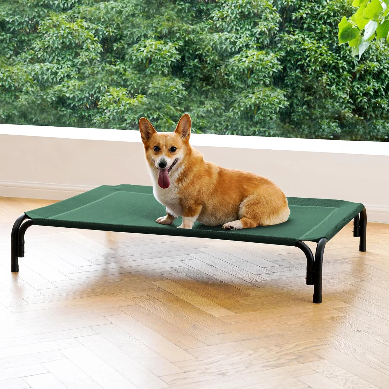 Refined d Dog Bed Raised Outdoor Dog Cot for Medium Dogs Installation Requires No Tools Frame with Washable Cooling Breathable Mesh Anti-Slip Feet Indoor Pet Bed Green 35.4 Inches Easy-to-Use