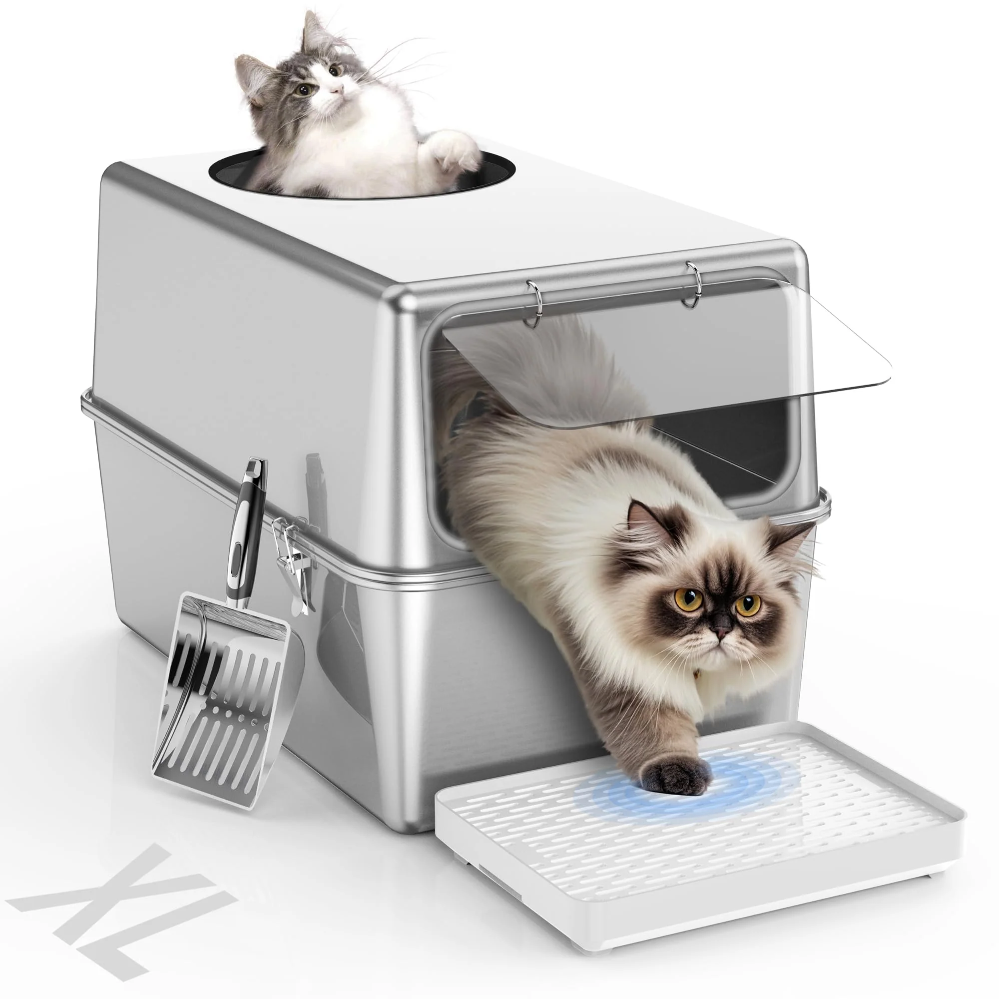 Professional FOPUNB Stainless Steel Litter Box with Lid – Dog-Proof XL Enclosed Top Front Entry Healthy