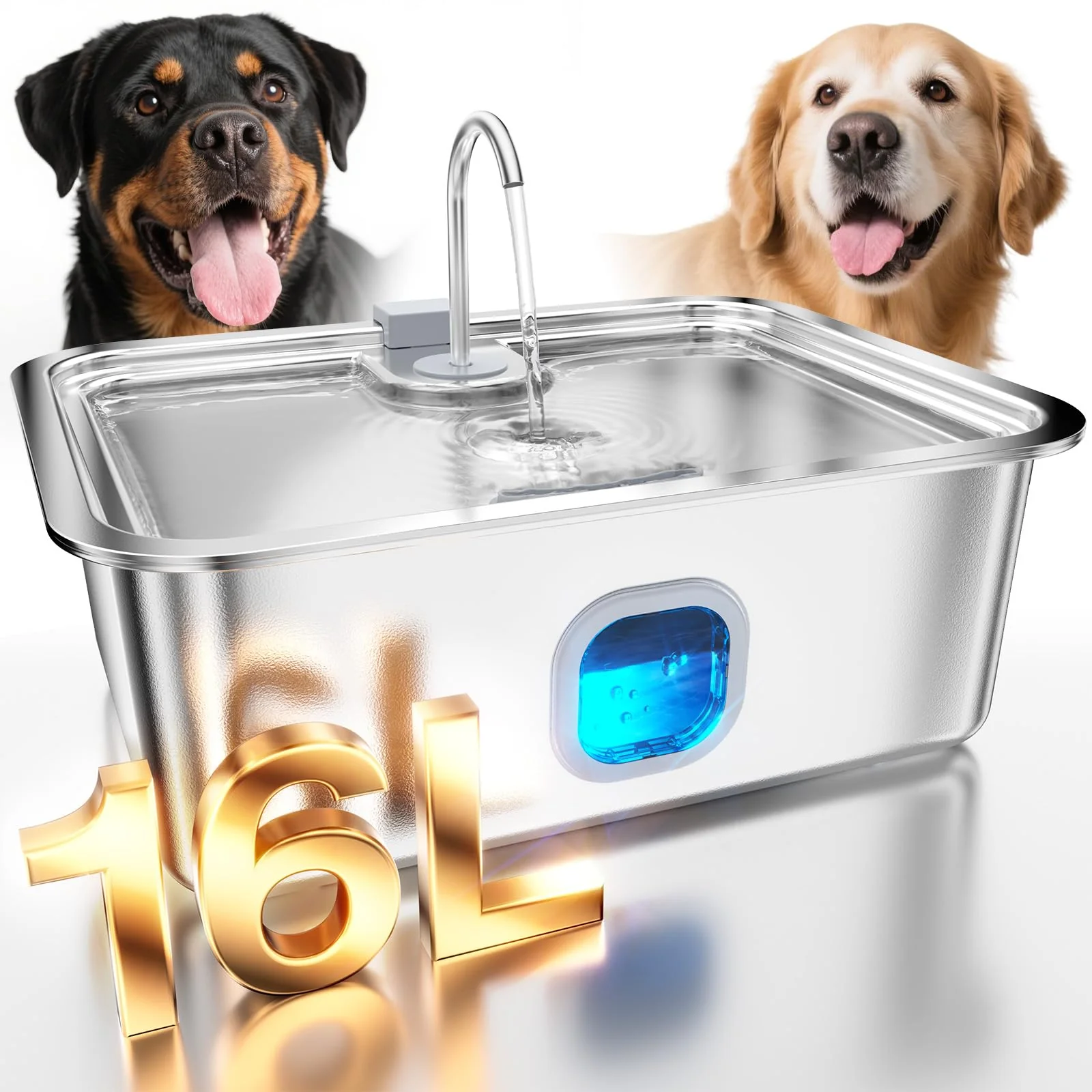 Breathable MAILOFY 4.2Gal Dog Water Fountain for Large Dogs – 16L Stainless Steel Deep Drinking Tray Visible Window Secure