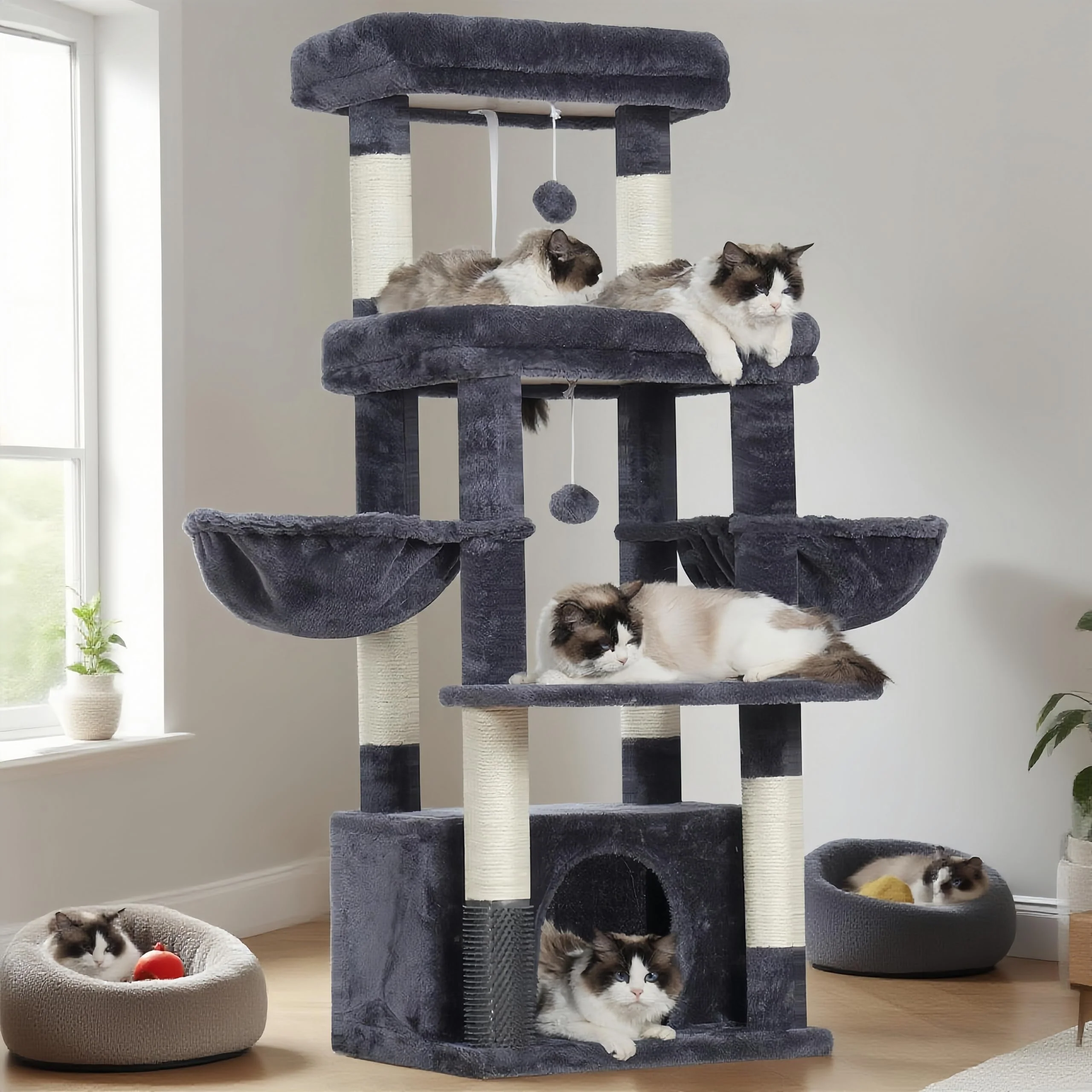 Functional Hey-brother Cat Tree Tower – Large Platform 2 Hammocks Smoky Gray Smart