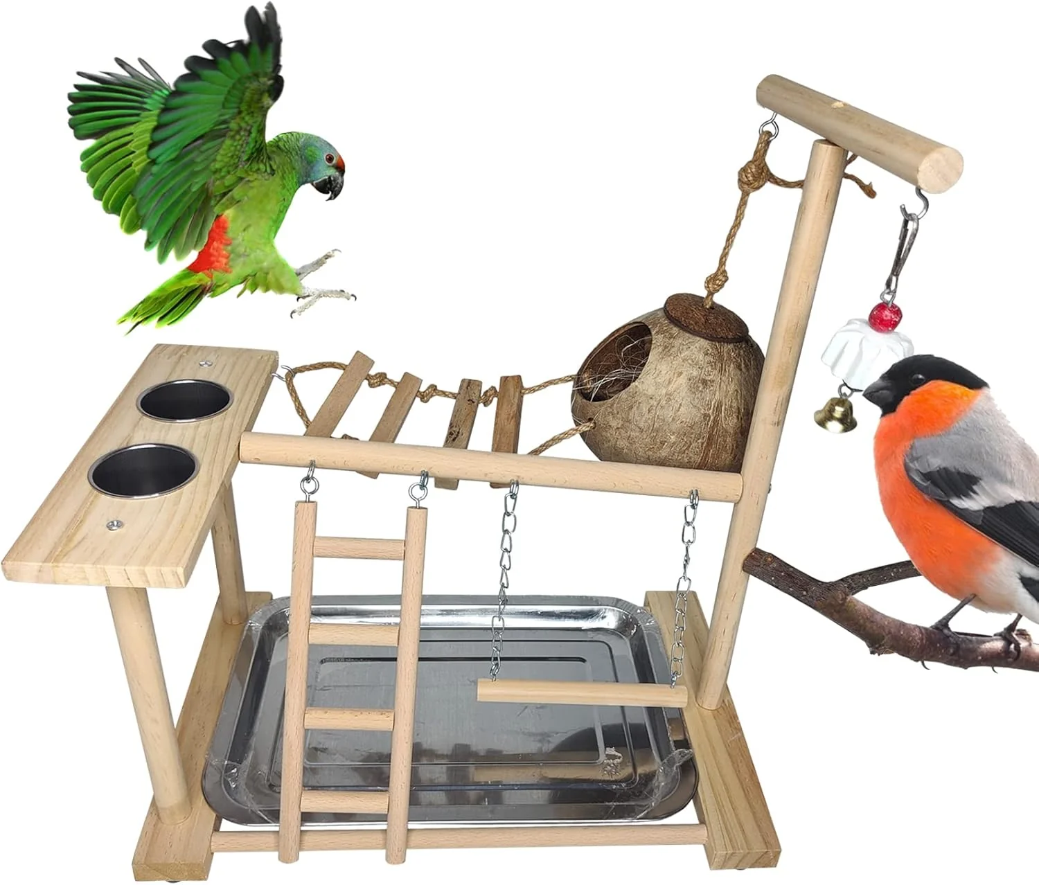 Traditional Parakeet Playground Bird Play Stand Natural Wood Perch Gym Parrots Nest Climb Swing Ladders with Feeder Cups Lovebirds Cage Accessories Toy Exercise Activity for Conure Cockatiel Lovebirds Pure