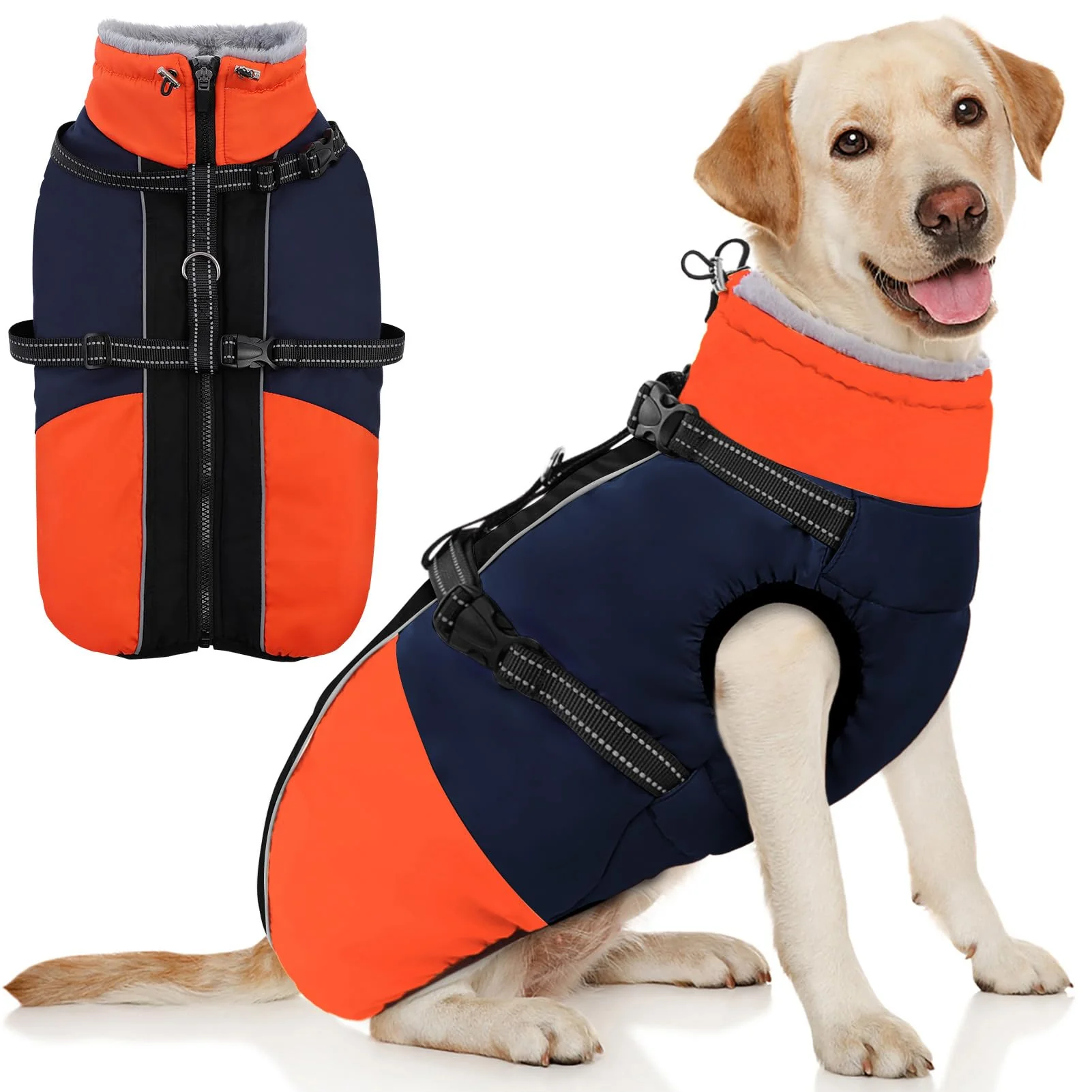 Refined AOFITEE Waterproof Dog Coat with Built-in Harness — Blue 2XL for Large Dogs Traditional