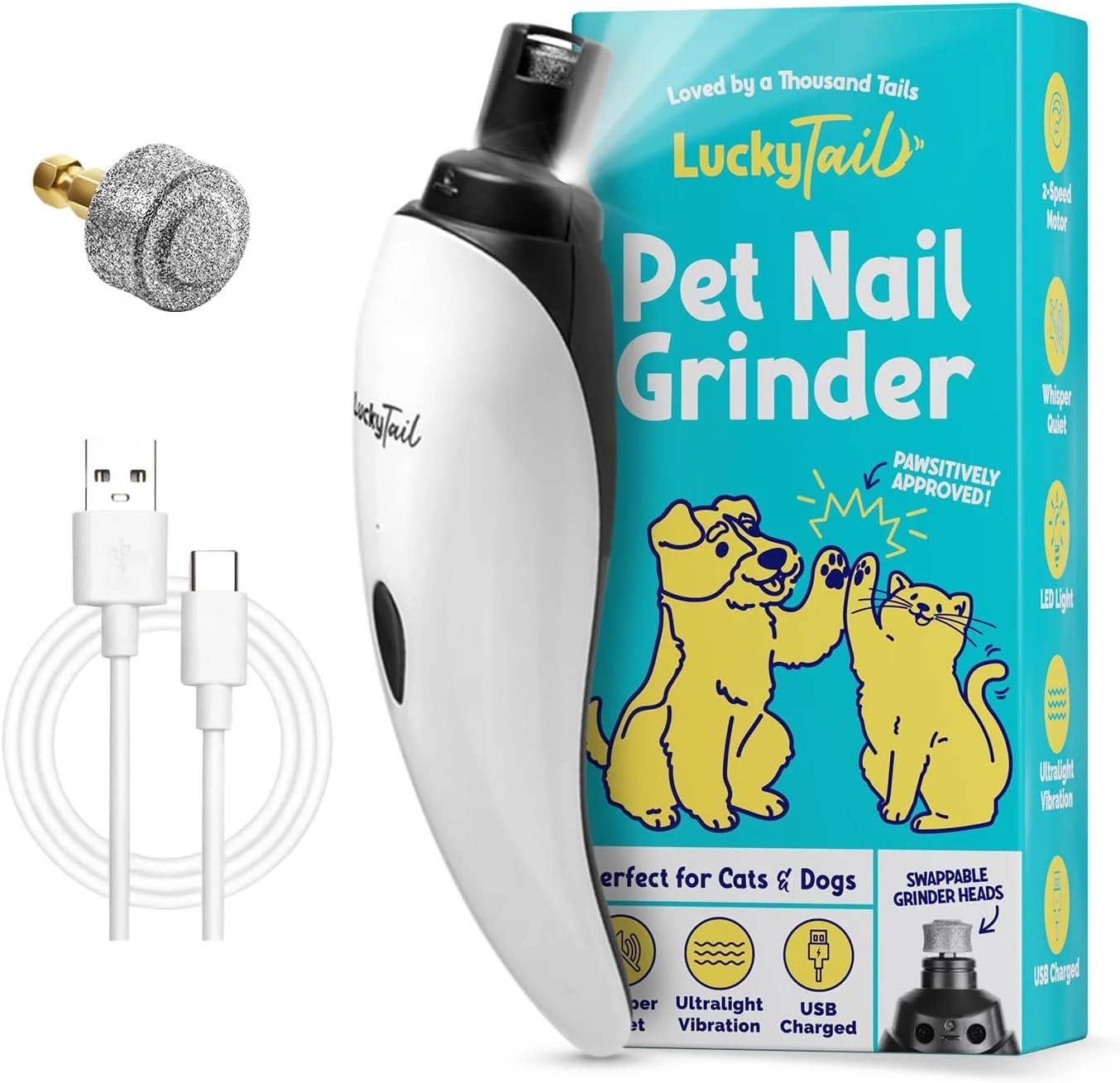 Certified LuckyTail Pet Nail Grinder for Dogs and Cats – Super Quiet and Low Vibration Electric Dog Nail Grinder with 2 LED Lights – USB Rechargeable and Cordless – 2 Speeds – Small to Large Pets Exclusive