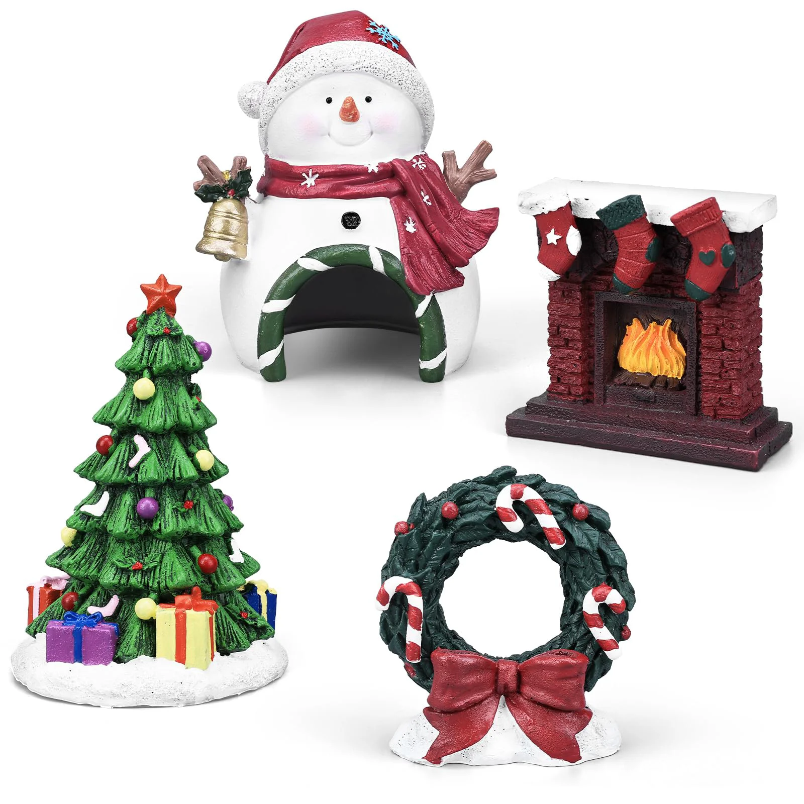 Original DARCKLE 4Pcs Christmas Aquarium Decorations — Resin Snowman Tree Wreath Fireplace Authentic