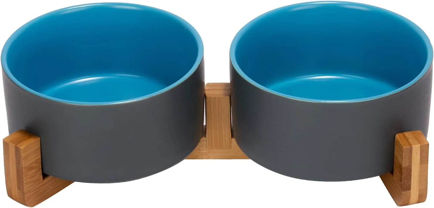 Practical SPUNKYJUNKY Ceramic Dog and Cat Bowl Set with Wooden Stand Modern Cute Weighted Food Water Set for Small Size Dogs 13.5OZ Medium Sized Dogs 28.7OZ Cats 3.6 Cups 2 × Blue-Grey Fine Crafted