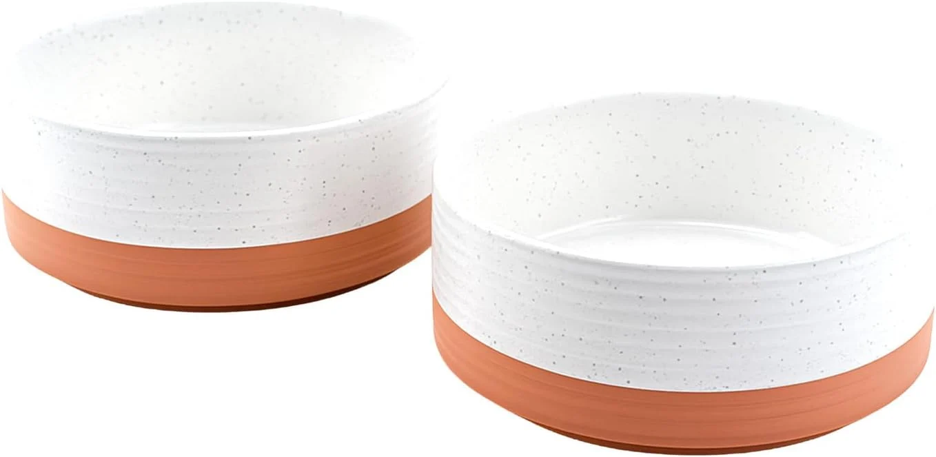 Flexible SPUNKYJUNKY Ceramic Dog and Cat Bowls 2 Pack 6.1” Dog and Cat Food Water Double Feeding Bowls Non-Slip for Cats and Medium Sized Breed Dogs Microwave Dishwasher Safe – 28.7 OZ 2pcs Pattern White Classic