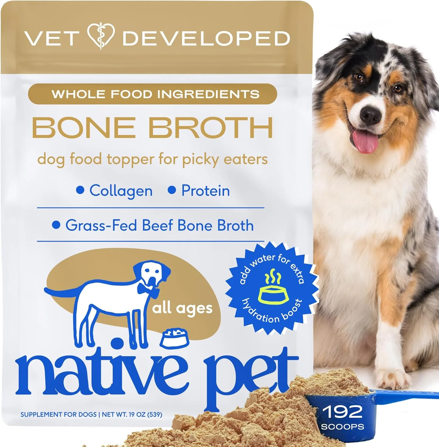 Secure Native Pet Bone Broth for Dogs and Cats – Made with Beef Bone Broth Dog Food Toppers for Picky Eaters- Provides Extra Hydration Nutrition for Joint Strength Immunity Heart Health-192 Scoops Long-Lasting