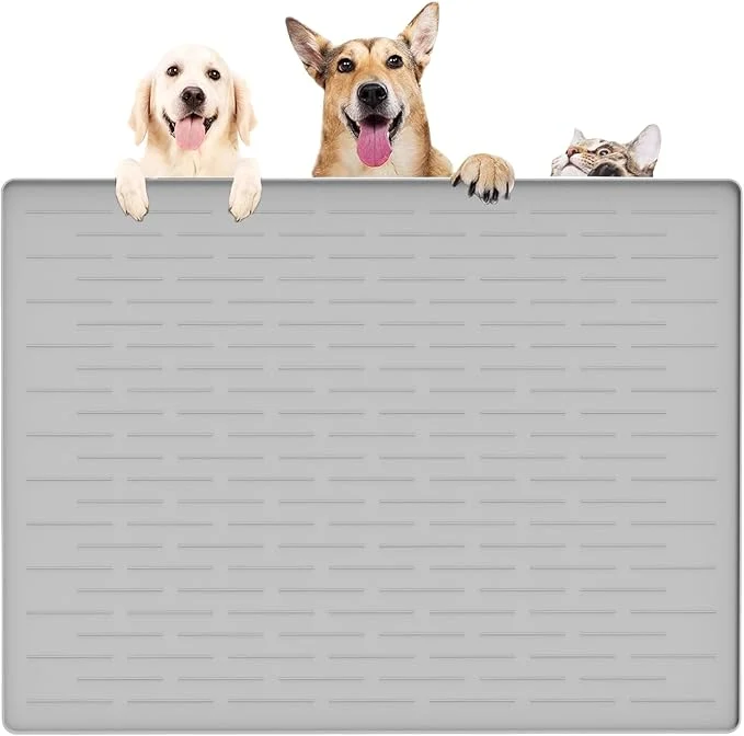 Traditional 39.4 x29.5 Largest Pet Food Mat Silicone Dog Mats for Food and Water Nonslip Pet Feeding Mats for Floors Dog Cat Bowl Mat with Raised Edges Gray WhiteAbout ThisOverview Clean