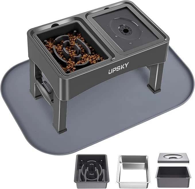 Smart UPSKY 3-in-1 d Dog Bowls with Mat Large 24 x 16 Inches 4 Height Adjustable Stand with Slow Feeder Stainless Steel Bowl for Small to Medium Dogs GreyAbout ThisOverview Innovative