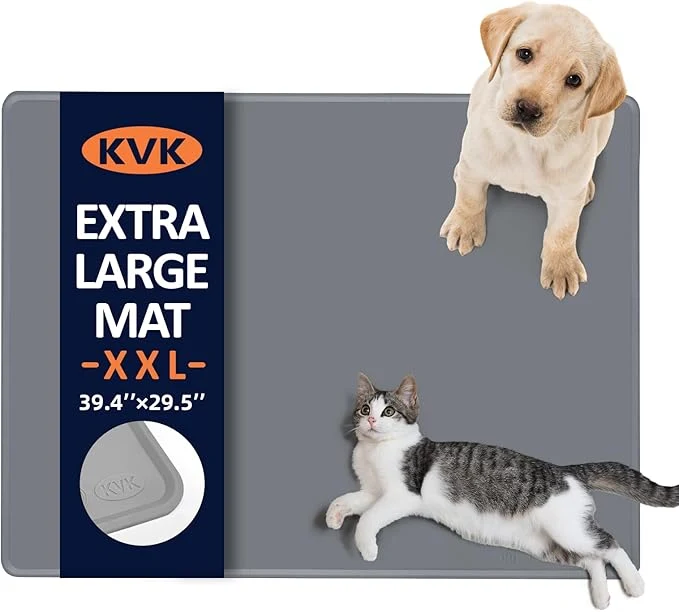 Comfortable Dog Food Mat 39.4×29.5in Extra Large Silicone Pet Feeding Mat – Waterproof Non – Slip Chew – Resistant for Food Water Protect Floors Light Gray About ThisOverview Solid