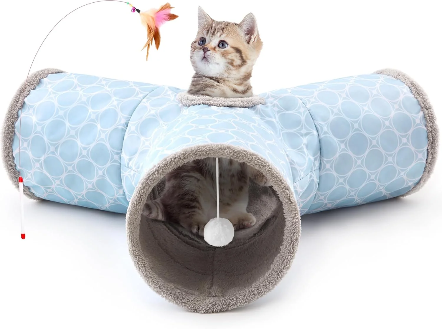 Casual Tempcore Pet Cat Tunnel Tube Toys 3 Way Collapsible Cat Tunnels for Indoor Cats Fleece-Lined in for Warmth，Kitty Tunnel Bored Cat Pet Toys Peek Hole Toy Ball Cat Puppy Kitten Geometry Blue Reliable