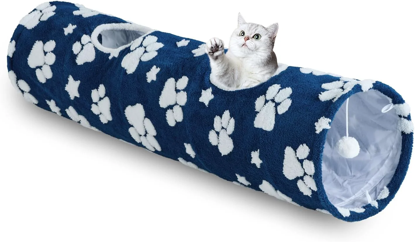 Powerful Straight Cat Tunnel for Indoor Cats 47 x12 Cute Cat Toys Collapsible Tunnel Tube with Balls for Puppy Kitten Rabbit Blue Paw Verified