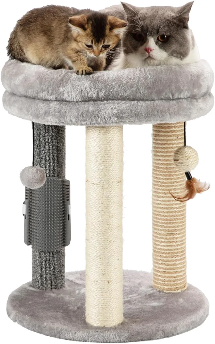 Next-Generation MECOOL 4in1 Small Cat Tree Scratching Post with Tower Soft Bed Sisal Carpet Jute Posts with Three Hanging Ball Toys and Massage Brush for Indoor Cats and Kittens Proven