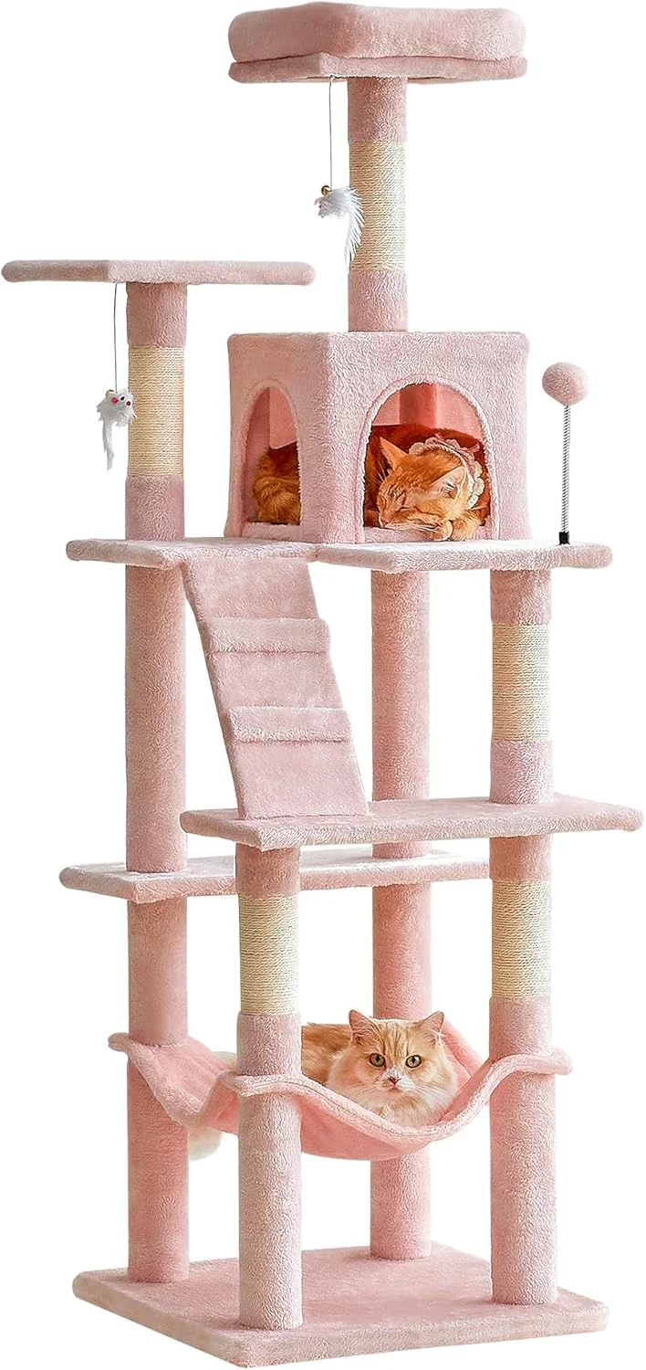 Recyclable MWPO 63.8-Inch Pink Cat Tree for Indoor Cats Multi-Level Cat Tower with Sisal-Covered Scratching Posts Padded Platform Hammock Dangling Toys Stable Cat Condo Pet Play House Verified