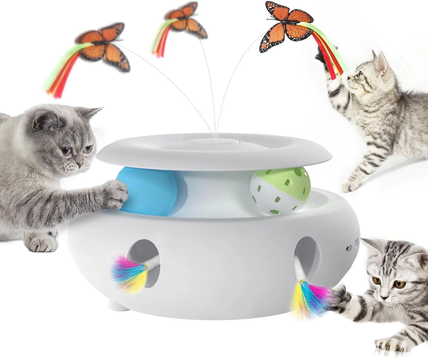Sustainable Cat Toys 3-in-1 Interactive Cat Toys for Indoor Cats Rechargeable Automatic Interactive Cat Toy with Fluttering Butterfly Smart Sensor 6 Holes Mice Whack-A-Mole and Track Balls White Relaxed