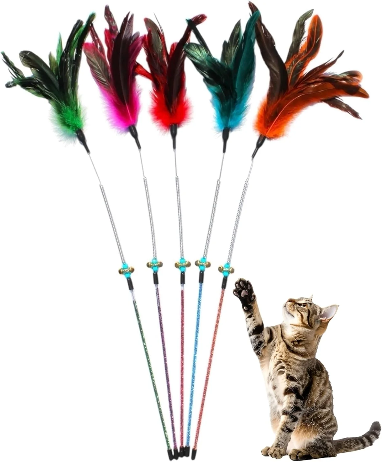 Trendy Cat Wand Toy Feather Sticks – 5 Piece Interactive Wands Toy Set with Feathers Durable Spring Design – for Engaging Playtime Fun for Kittens and Cats – Cat Toys for Indoor Cats Luxury