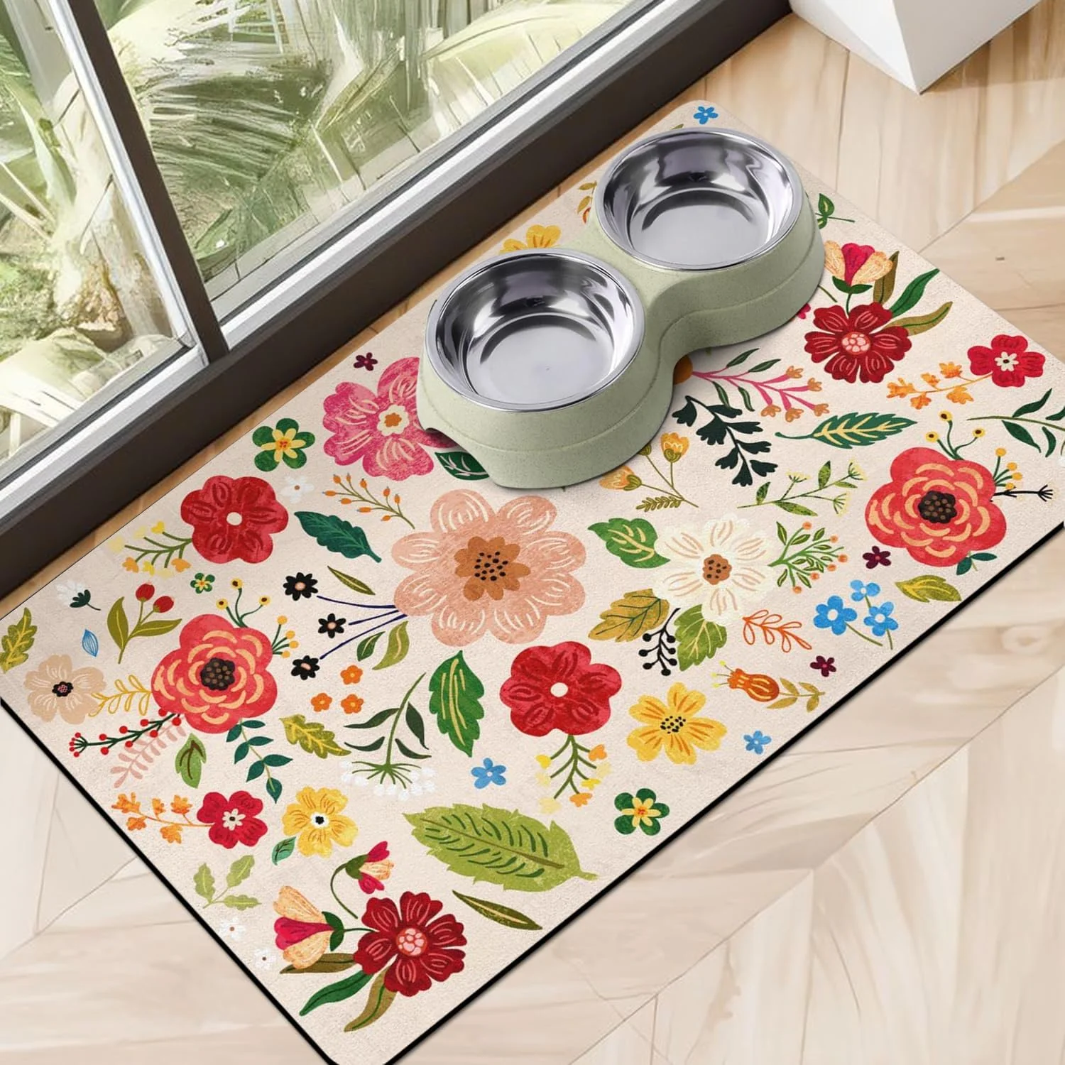 Consistent Dog Food Mats for Floors Absorbent Quick Dry Pet Cat Food Mat Dog Bowl Mats for Food and Water Dispenser Mat Eco-Friendly Dog Accessories Pet Supplies 12 x20 Floral White High-Quality