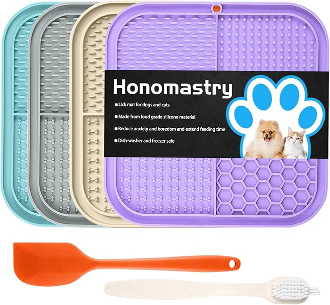 Optimized Lick Mat for Dogs Premium Lick Pad with Suction Cups for Dog Anxiety Relief Slow Feeder Dog Bowls Bathing Grooming and Training Cyan Purple Beige Grey 4pack About ThisOverview Fashionable