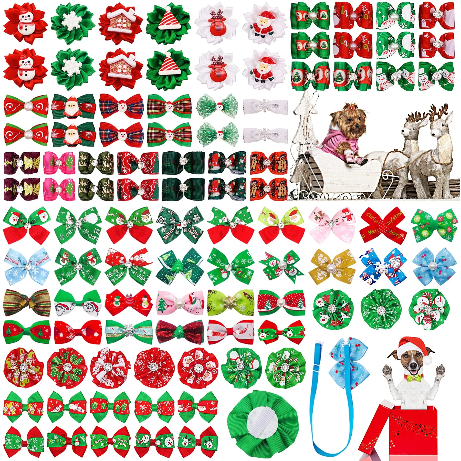 Pure PET SHOW 100pcs Christmas Pet Bows Bowties Collar Flowers Set Recyclable
