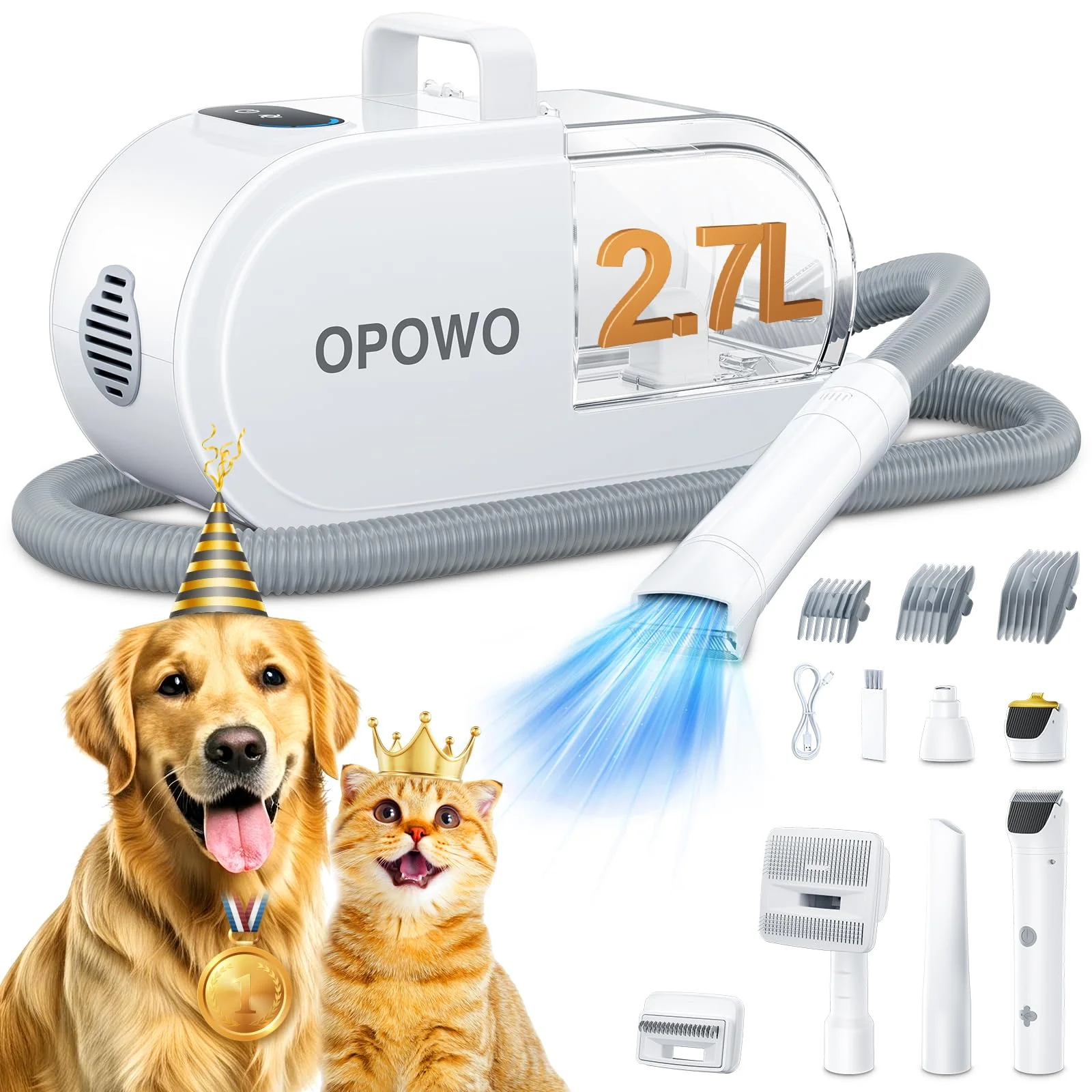 Premium OPOWO Dog Grooming Vacuum Kit — 2.7L Dust Cup 7-in-1 Tools 3 Suction Modes Low Noise USB-C Prestigious