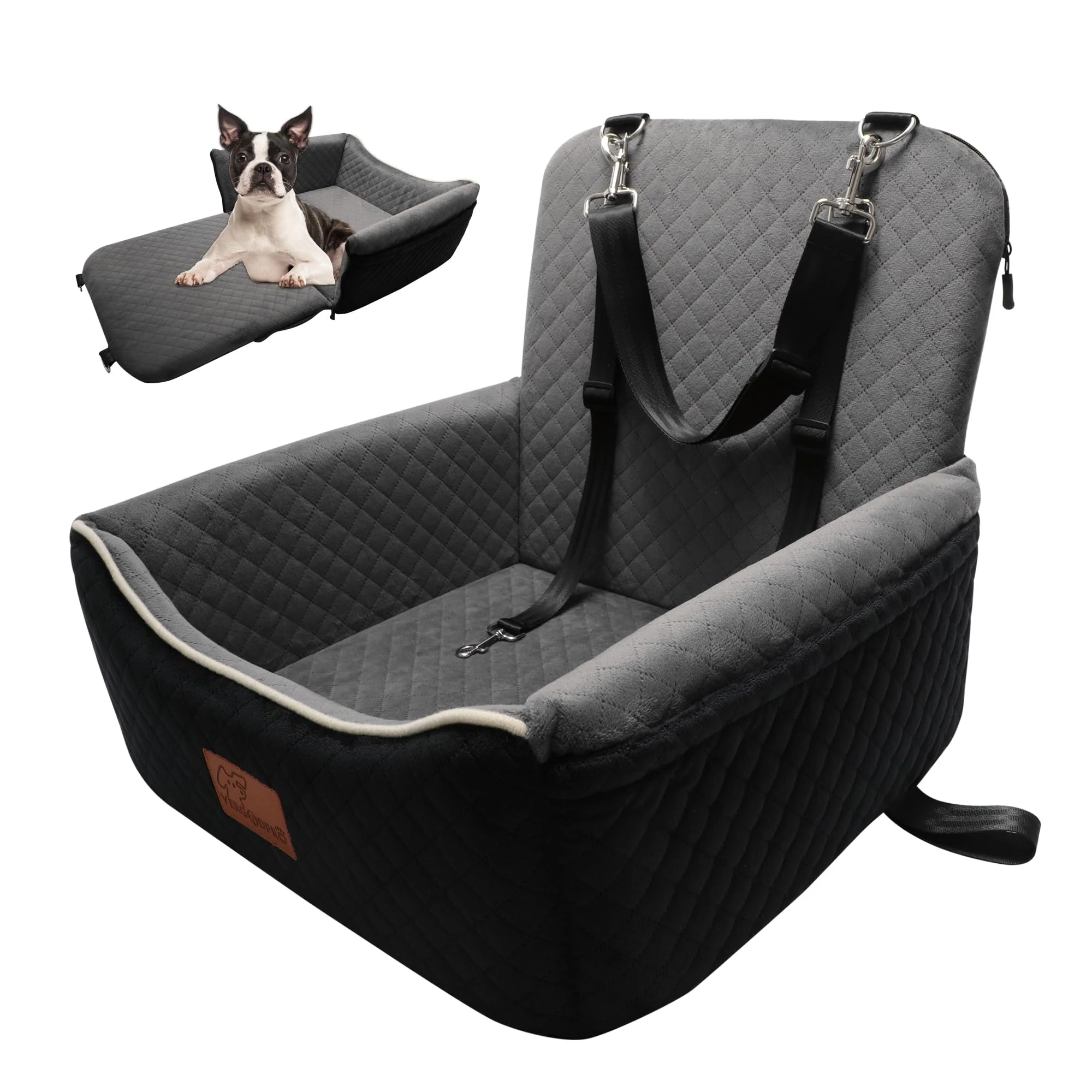 Carefully Designed VERGODPRO Dog Car Seat Bed 2-in-1 for Small Medium Dogs up to 35 lbs Memory Foam Travel Bed with Adjustable Leashes Safe