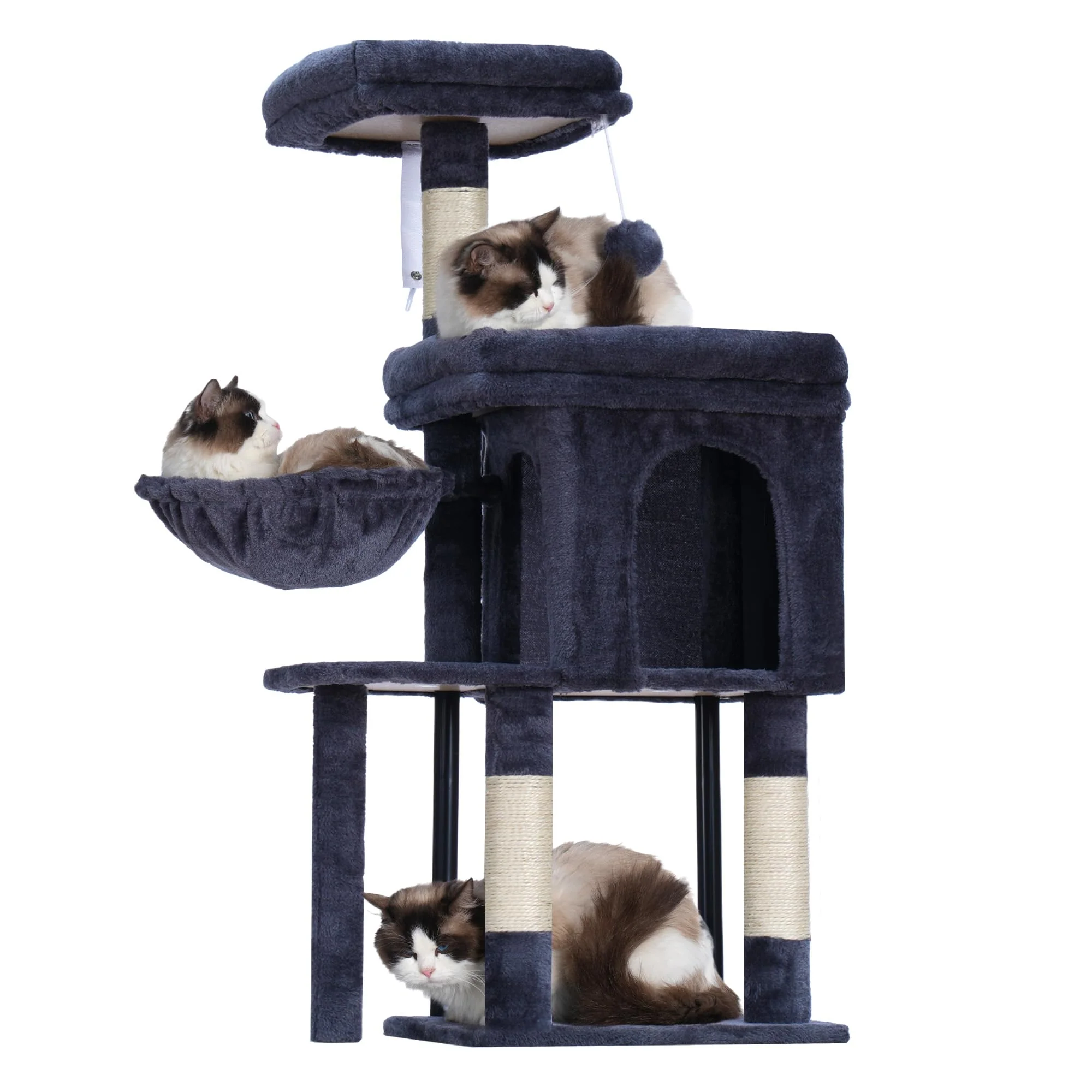 Traditional Hey-brother Cat Tree Tower – 44.9 Smoky Gray with Plush Bed Cozy Condo Hammock Sisal Posts Sustainable