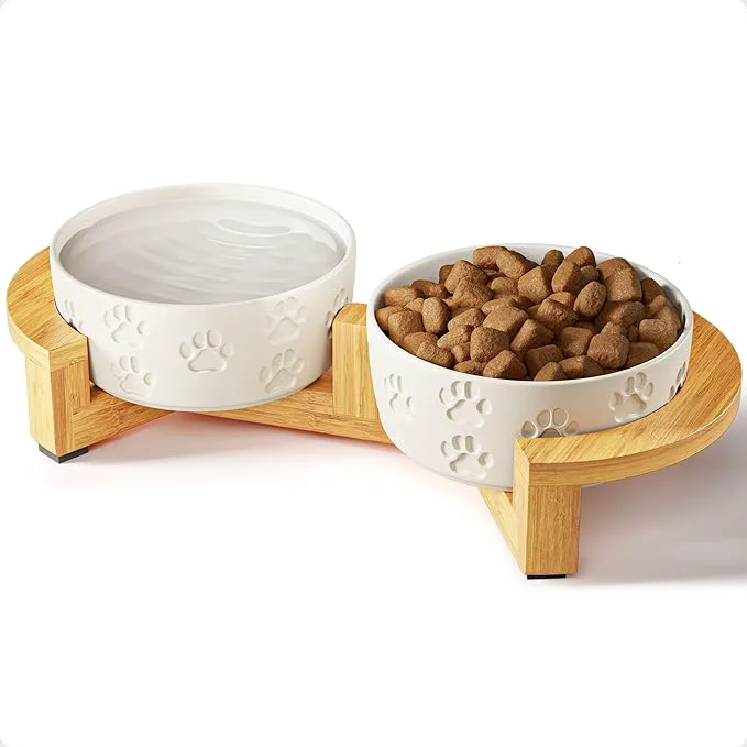 Excellent Ceramic Dog Bowls with Stand – Small Dog Bowl Set with Stand Non-Slip – 2 Ceramic Dishes with Anti-Skid Bamboo Stand for Small Dogs – d Dog Bowls Set of 2 – Raised Pet Feeding StationAbout ThisOverview Clean