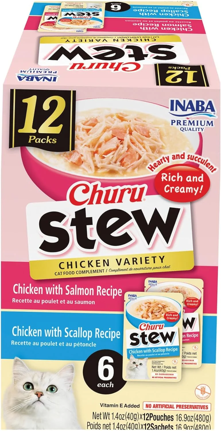 Healthy INABA Churu Stew for Cats Side Dish Pouch with Vitamin E 1.4 Ounces per Pouch 12 Pouches Chicken Variety Elegant