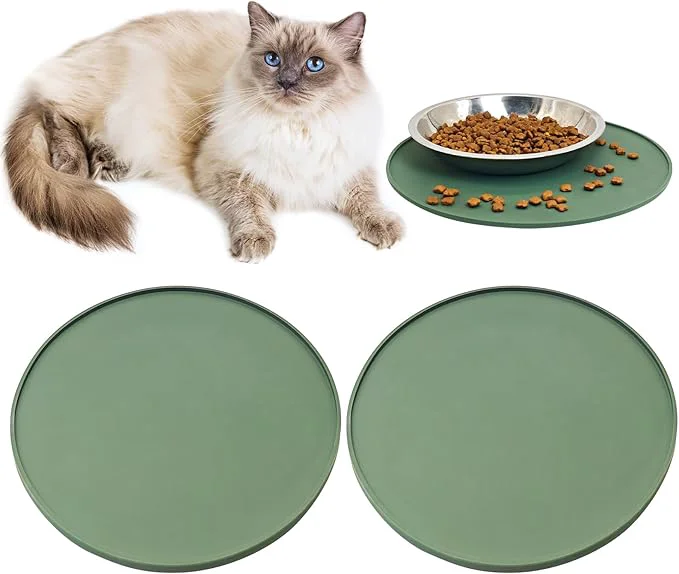 Secure BNOSDM Silicone Cat Feeding Mat 2 Pack Dog Bowl Mats Pet Silicone Food Mat for Food and Water Nonslip Waterproof Feed Mats Round Eating Plate for Small and Medium Cats and Dogs Dark Green About ThisOverview Fast