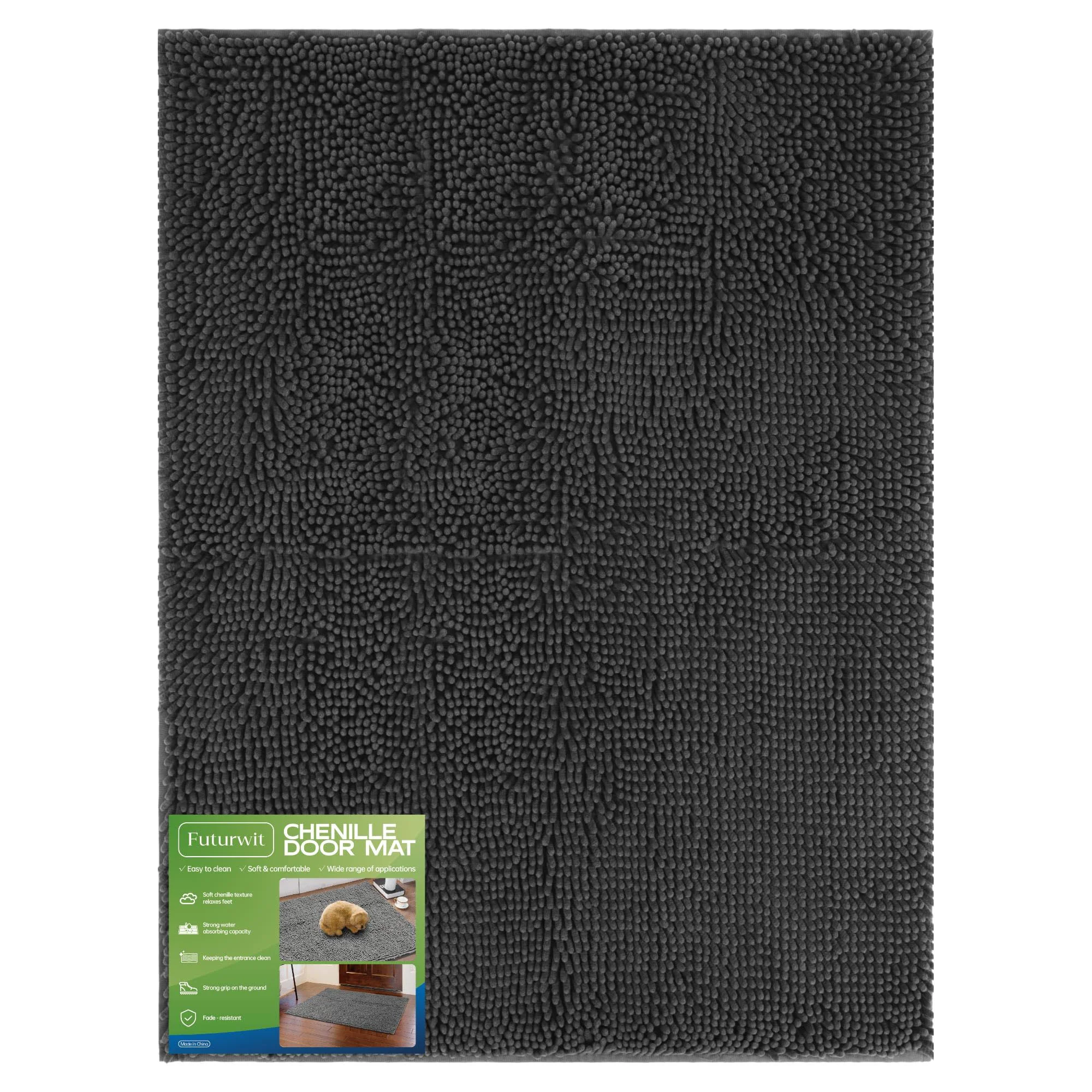 Breathable Futurwit Dog Door Mat 48×36 – Absorbent Chenille Non-Slip Washable Indoor Outdoor Grey Verified