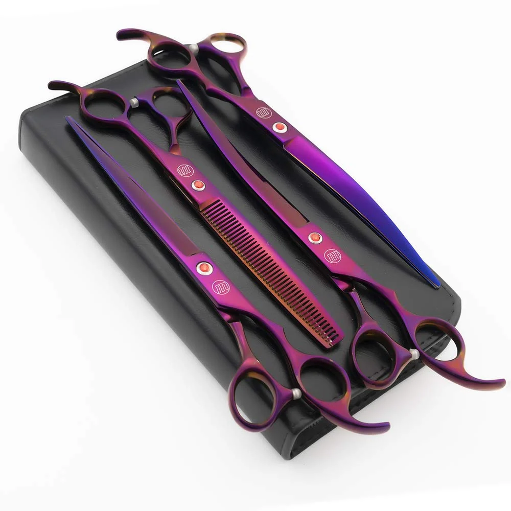 Smooth Moontay Professional 8.0in Dog Grooming Scissors Set – 4-Piece Straight Upward Curve Downward Curve Thinning – JP 440C Stainless Steel – Purple Trendy