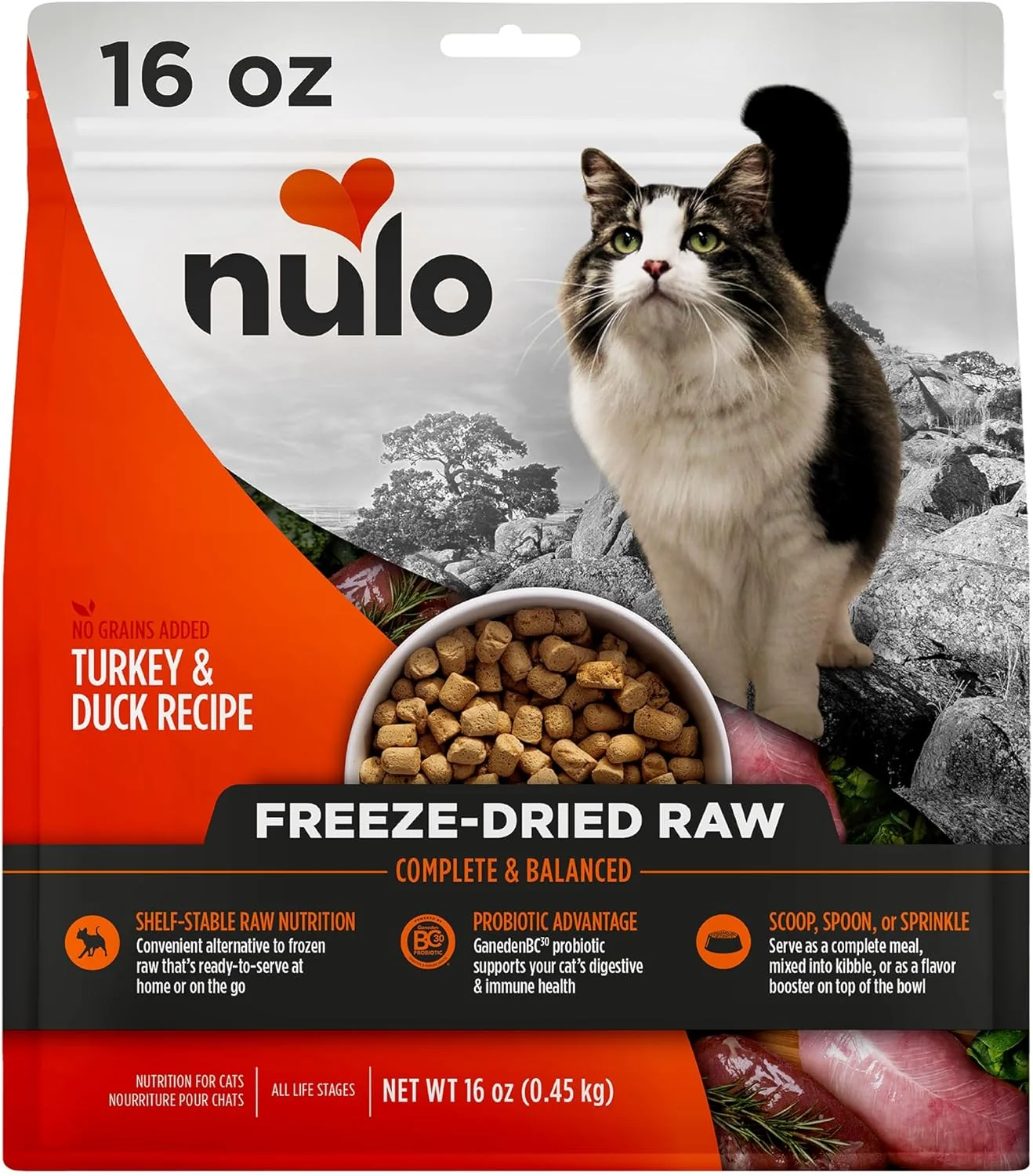 Lightweight Nulo style ze-Dried Raw Ultra-Rich Grain- Dry Cat Food for All Breeds and Life Stages with BC30 Probiotic for Digestive and Immune Health Turkey Duck 16 Ounce Modern
