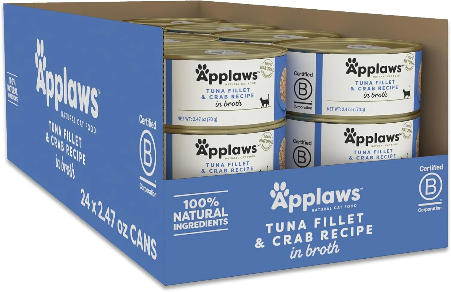 Solid Applaws Natural Wet Cat Food in Broth Limited Ingredient Canned Wet Cat Food No Additives Made with Natural Ingredients Tuna Fillet Crab in Broth 24 x 2.47oz Cans Top-Quality